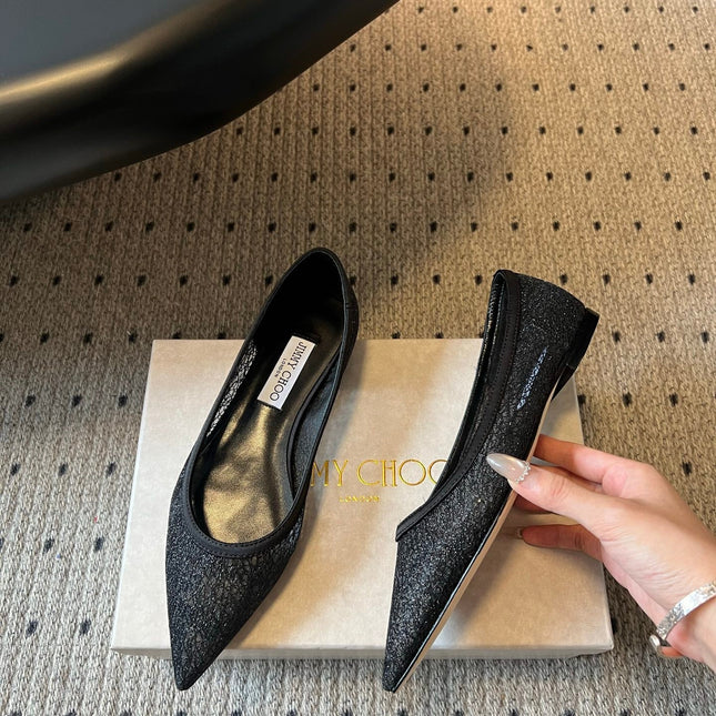 JIMMY CHOO 26S POINTED-TOE FLATS IN BLACK MESH