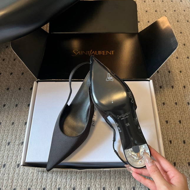 YSL 26S HEELED SLINGBACKS 60 MM IN BLACK SATIN