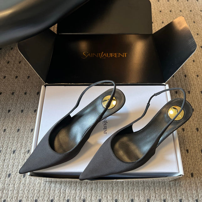 YSL 26S HEELED SLINGBACKS 60 MM IN BLACK SATIN