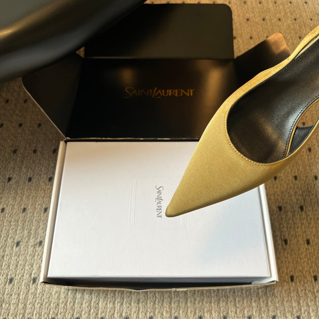 YSL 26S HEELED SLINGBACKS 60 MM IN OLIVE GREEN SATIN