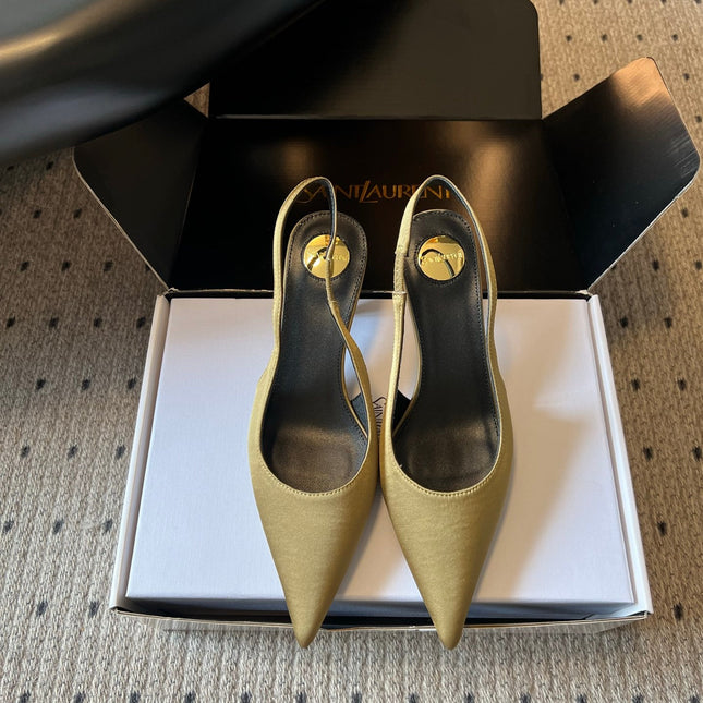 YSL 26S HEELED SLINGBACKS 60 MM IN OLIVE GREEN SATIN