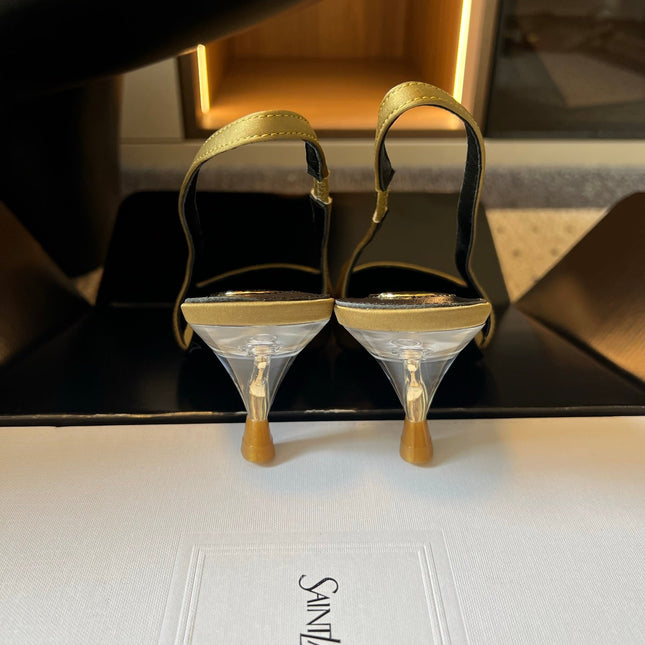 YSL 26S HEELED SLINGBACKS 60 MM IN OLIVE GREEN SATIN