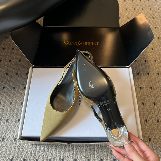YSL 26S HEELED SLINGBACKS 60 MM IN OLIVE GREEN SATIN