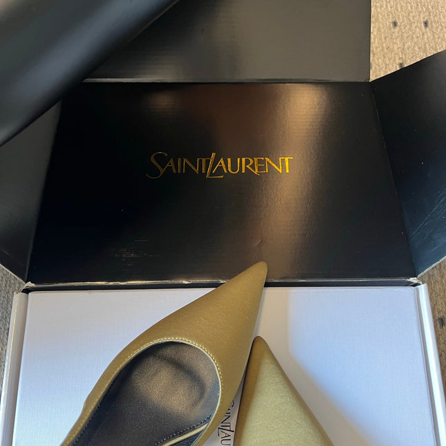 YSL 26S HEELED SLINGBACKS 60 MM IN OLIVE GREEN SATIN