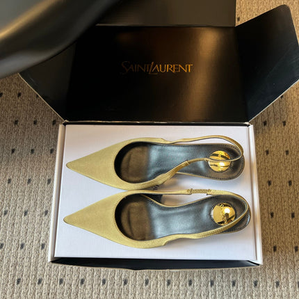 YSL 26S HEELED SLINGBACKS 60 MM IN OLIVE GREEN SATIN