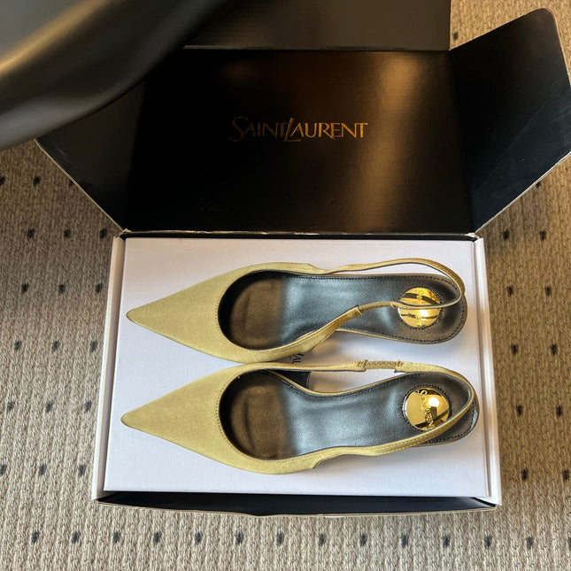 YSL 26S HEELED SLINGBACKS 60 MM IN OLIVE GREEN SATIN