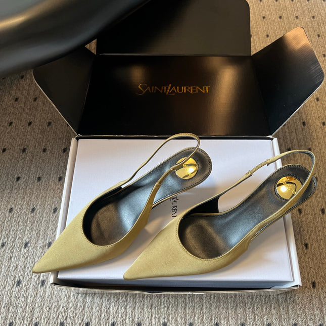 YSL 26S HEELED SLINGBACKS 60 MM IN OLIVE GREEN SATIN