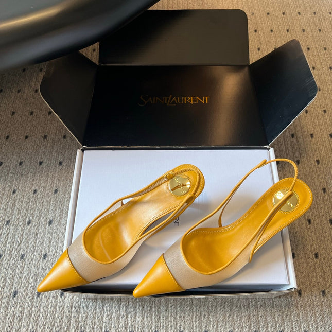 YSL 26S HEELED SLINGBACKS 60 MM IN MUSTARD YELLOW LAMBSKIN AND BEIGE MESH