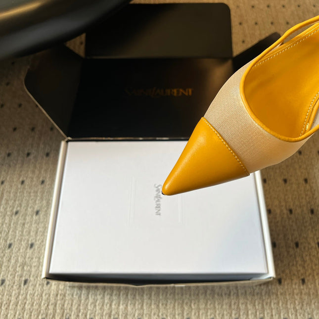 YSL 26S HEELED SLINGBACKS 60 MM IN MUSTARD YELLOW LAMBSKIN AND BEIGE MESH