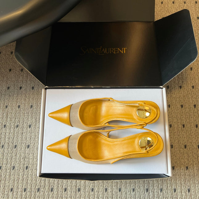 YSL 26S HEELED SLINGBACKS 60 MM IN MUSTARD YELLOW LAMBSKIN AND BEIGE MESH