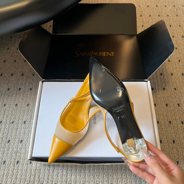 YSL 26S HEELED SLINGBACKS 60 MM IN MUSTARD YELLOW LAMBSKIN AND BEIGE MESH