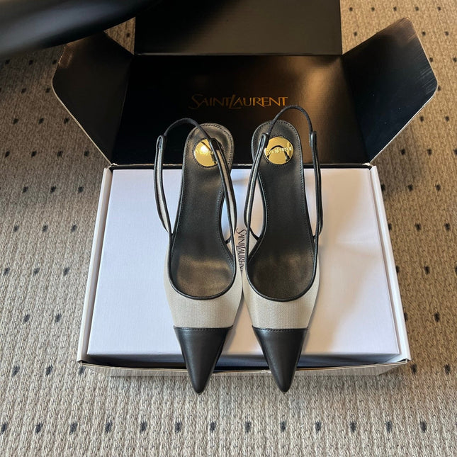 YSL 26S HEELED SLINGBACKS 60 MM IN BLACK LAMBSKIN AND BEIGE MESH