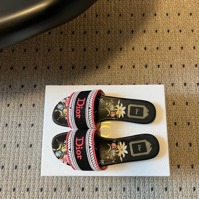 DIOR 26S SLIDES DWAY IN BLACK RED EMBROIDERED CANVAS WITH LOGO & FLORAL PRINT FOOTBED