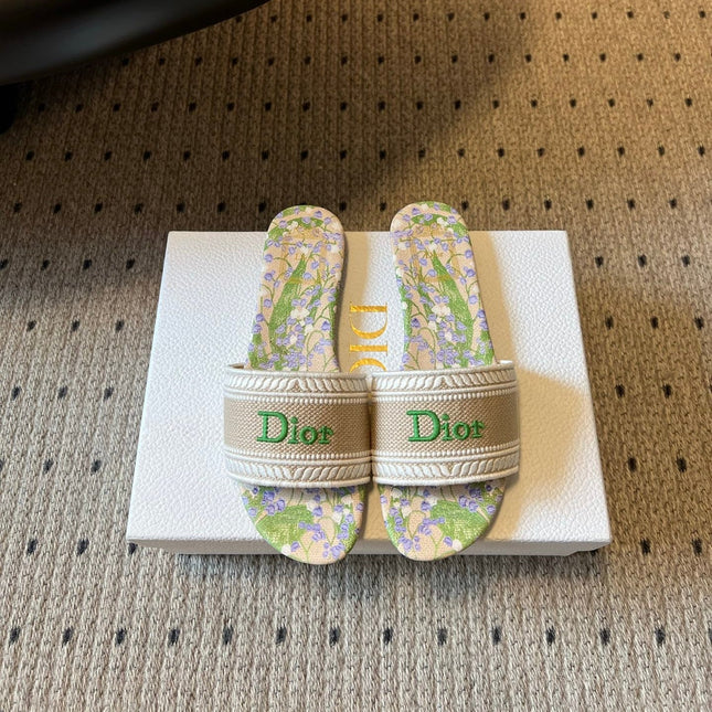 DIOR 26S SLIDES DWAY IN BEIGE GREEN EMBROIDERED CANVAS WITH LOGO & FLORAL PRINT FOOTBED