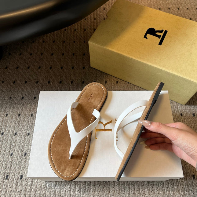 THE ROW 26S THONG SANDALS IN WHITE CALFSKIN AND SUEDE