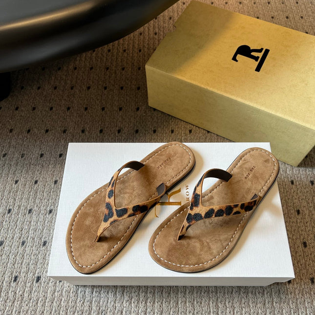 THE ROW 26S THONG SANDALS IN BROWN SPOTTED CALF HAIR AND SUEDE