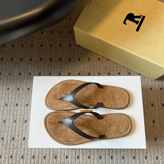 THE ROW 26S THONG SANDALS IN DARK BROWN CALFSKIN AND SUEDE