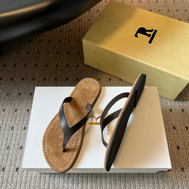 THE ROW 26S THONG SANDALS IN DARK BROWN CALFSKIN AND SUEDE