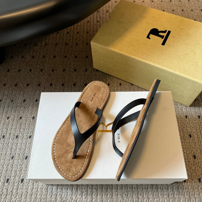 THE ROW 26S THONG SANDALS IN BLACK CALFSKIN AND SUEDE