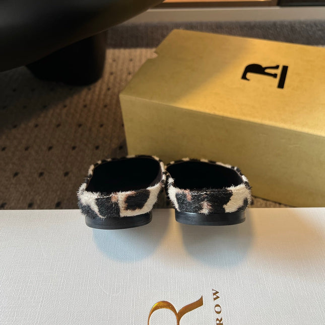 THE ROW 26S SQUARE TOE BACKLESS SLIDES IN WHITE COW PRINT CALF HAIR