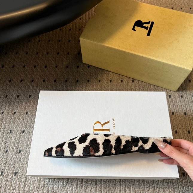 THE ROW 26S SQUARE TOE BACKLESS SLIDES IN WHITE COW PRINT CALF HAIR