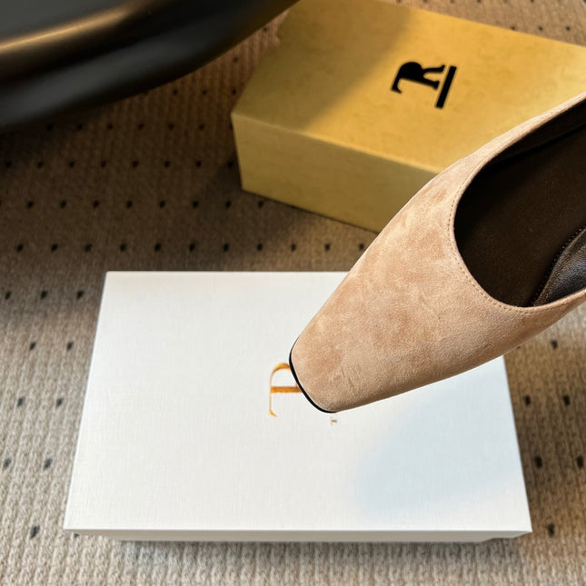 THE ROW 26S SQUARE TOE BACKLESS SLIDES IN LIGHT BROWN CALF HAIR