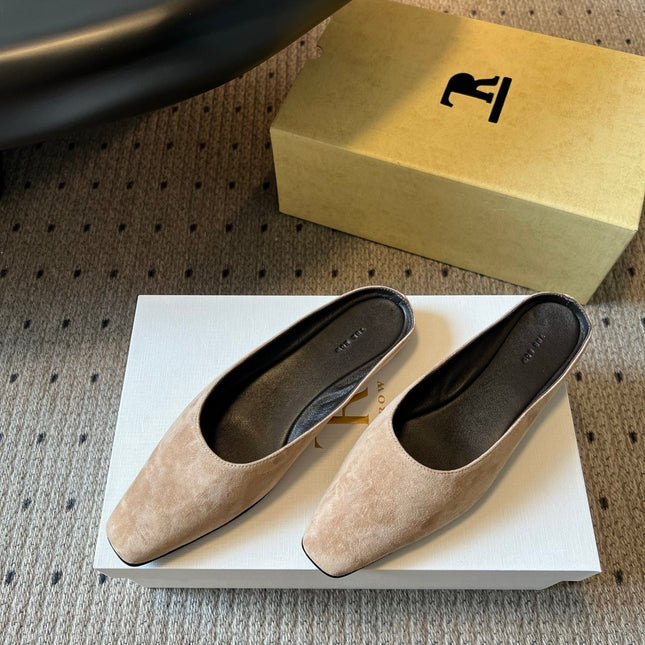 THE ROW 26S SQUARE TOE BACKLESS SLIDES IN LIGHT BROWN CALF HAIR