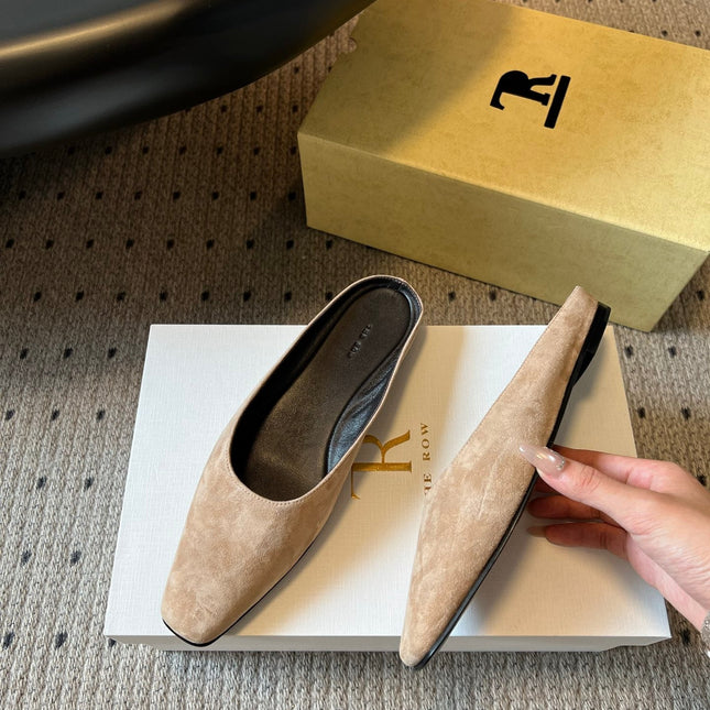 THE ROW 26S SQUARE TOE BACKLESS SLIDES IN LIGHT BROWN CALF HAIR