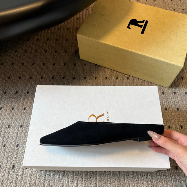 THE ROW 26S SQUARE TOE BACKLESS SLIDES IN BLACK CALF HAIR