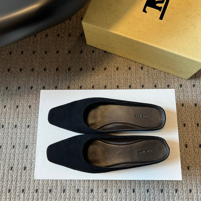 THE ROW 26S SQUARE TOE BACKLESS SLIDES IN BLACK CALF HAIR