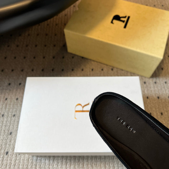 THE ROW 26S SQUARE TOE BACKLESS SLIDES IN BLACK CALF HAIR