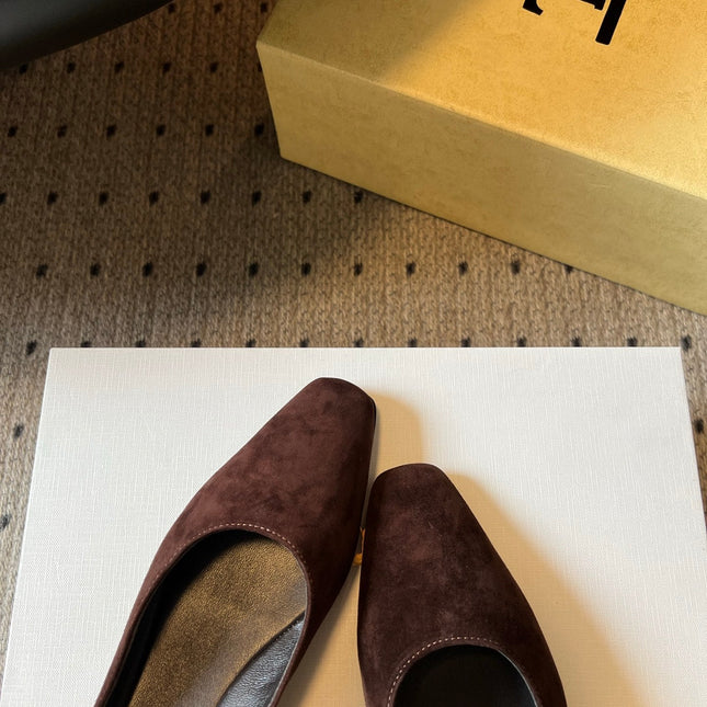 THE ROW 26S SQUARE TOE BACKLESS SLIDES IN DARK BROWN CALF HAIR