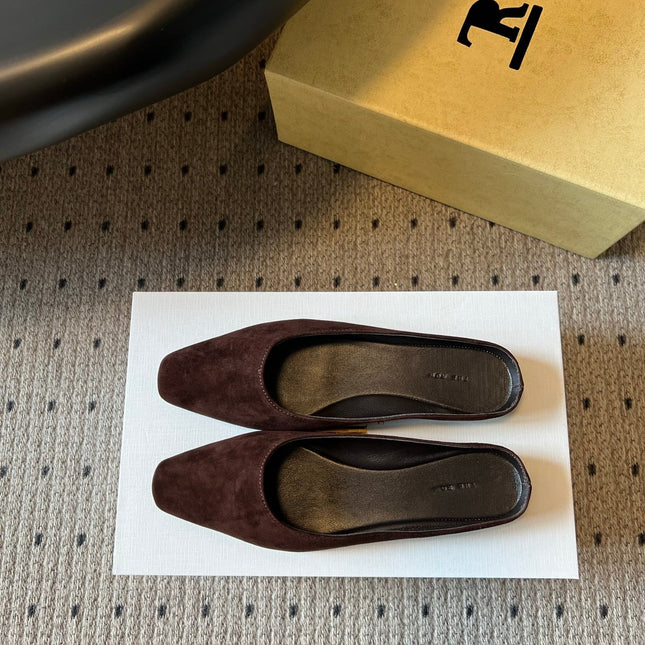 THE ROW 26S SQUARE TOE BACKLESS SLIDES IN DARK BROWN CALF HAIR