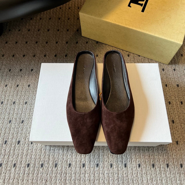 THE ROW 26S SQUARE TOE BACKLESS SLIDES IN DARK BROWN CALF HAIR