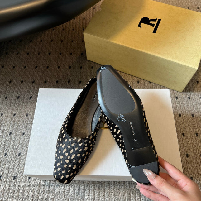 THE ROW 26S SQUARE TOE BACKLESS SLIDES IN BLACK SPOTTED CALF HAIR