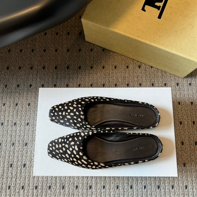 THE ROW 26S SQUARE TOE BACKLESS SLIDES IN BLACK SPOTTED CALF HAIR