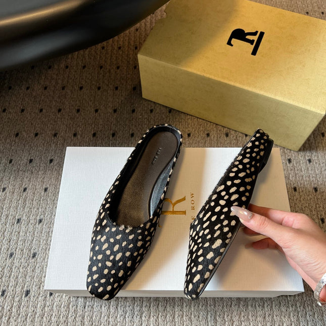 THE ROW 26S SQUARE TOE BACKLESS SLIDES IN BLACK SPOTTED CALF HAIR