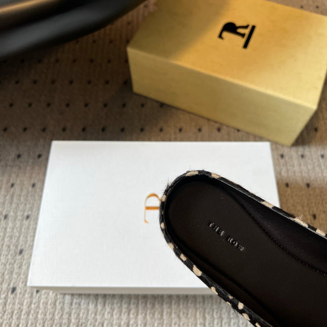 THE ROW 26S SQUARE TOE BACKLESS SLIDES IN BLACK SPOTTED CALF HAIR