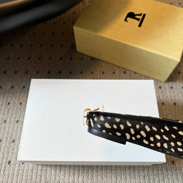 THE ROW 26S SQUARE TOE BACKLESS SLIDES IN BLACK SPOTTED CALF HAIR