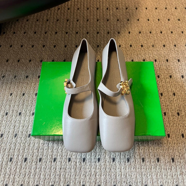 BOTTEGA VENETA 26S MARY JANE FLATS IN DARK GREY LAMBSKIN WITH GOLD HARDWARE
