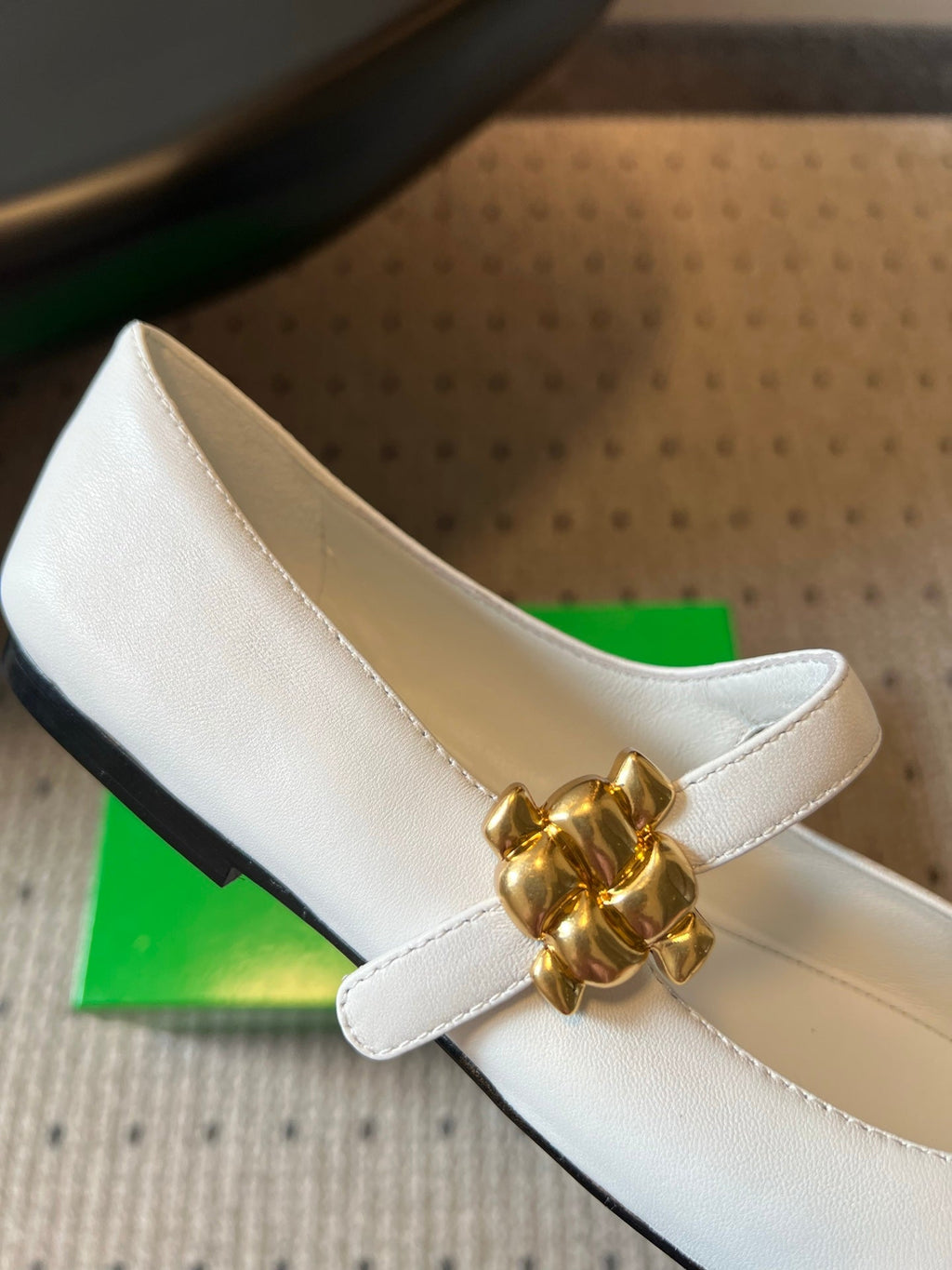 BOTTEGA VENETA 26S MARY JANE FLATS IN WHITE LAMBSKIN WITH GOLD HARDWARE