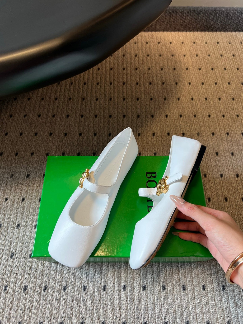 BOTTEGA VENETA 26S MARY JANE FLATS IN WHITE LAMBSKIN WITH GOLD HARDWARE