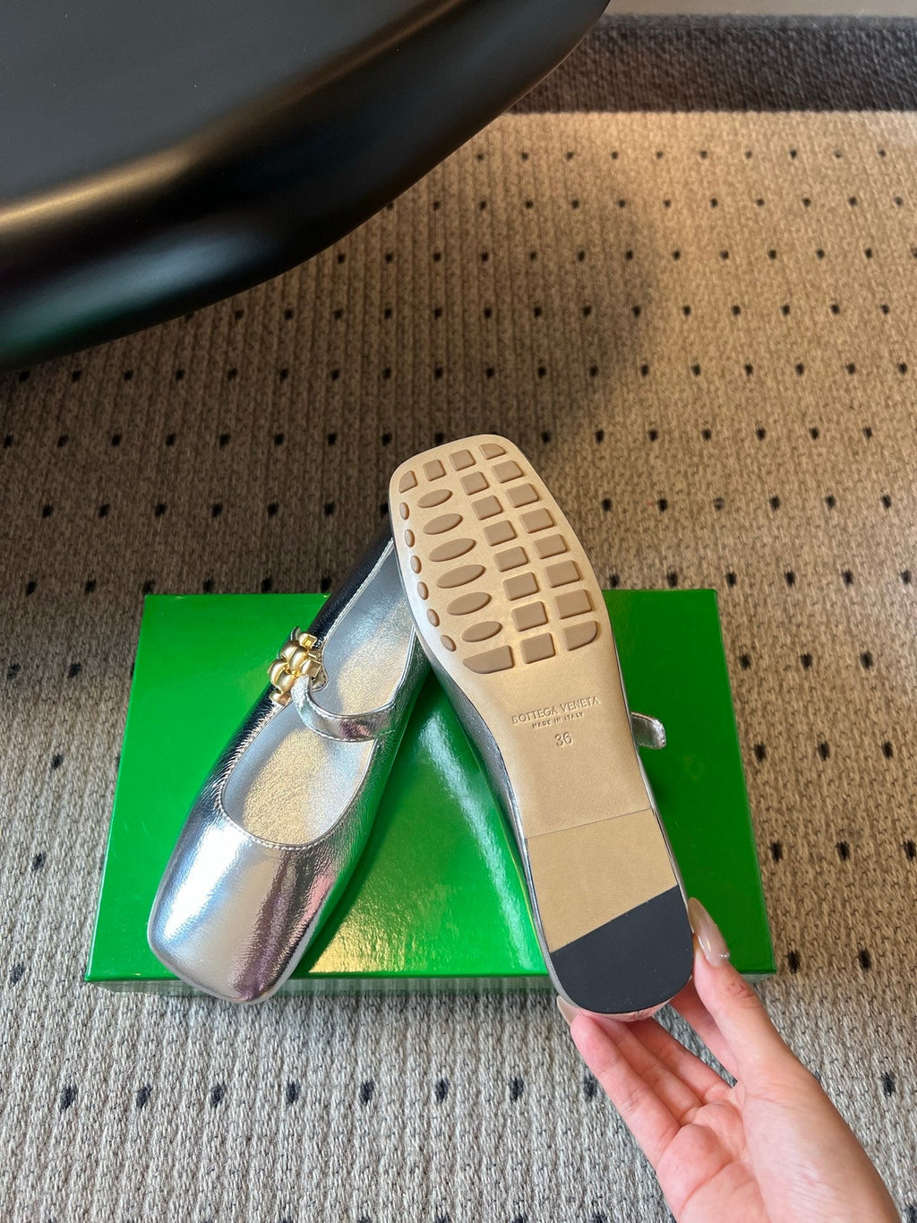 BOTTEGA VENETA 26S MARY JANE FLATS IN SILVER LAMBSKIN WITH GOLD HARDWARE