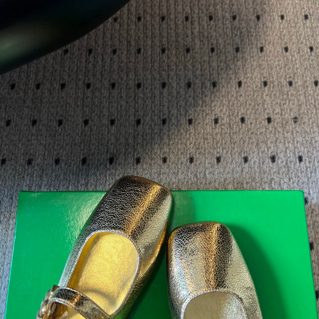 BOTTEGA VENETA 26S MARY JANE FLATS IN GOLD LAMBSKIN WITH GOLD HARDWARE