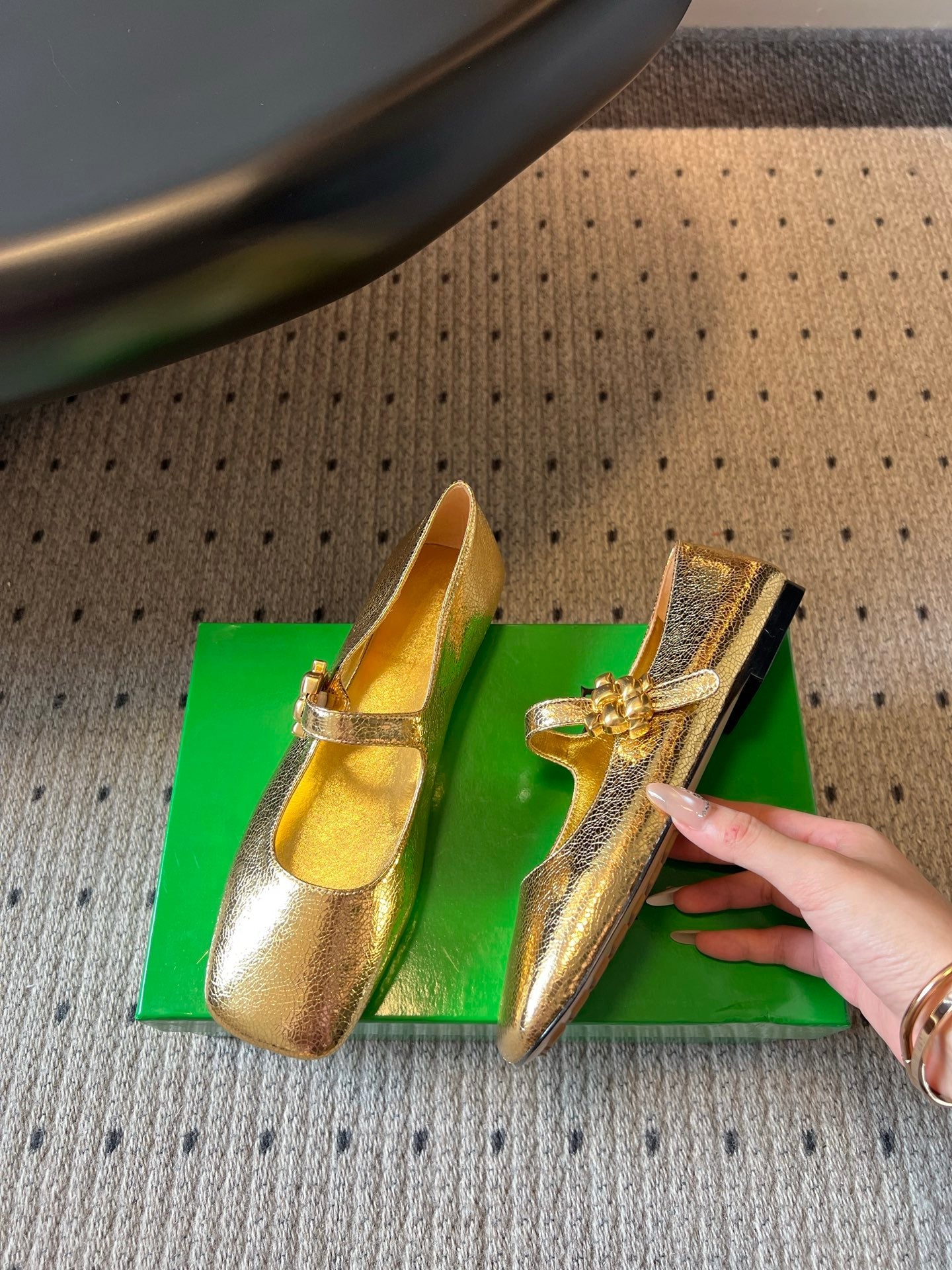 BOTTEGA VENETA 26S MARY JANE FLATS IN GOLD LAMBSKIN WITH GOLD HARDWARE