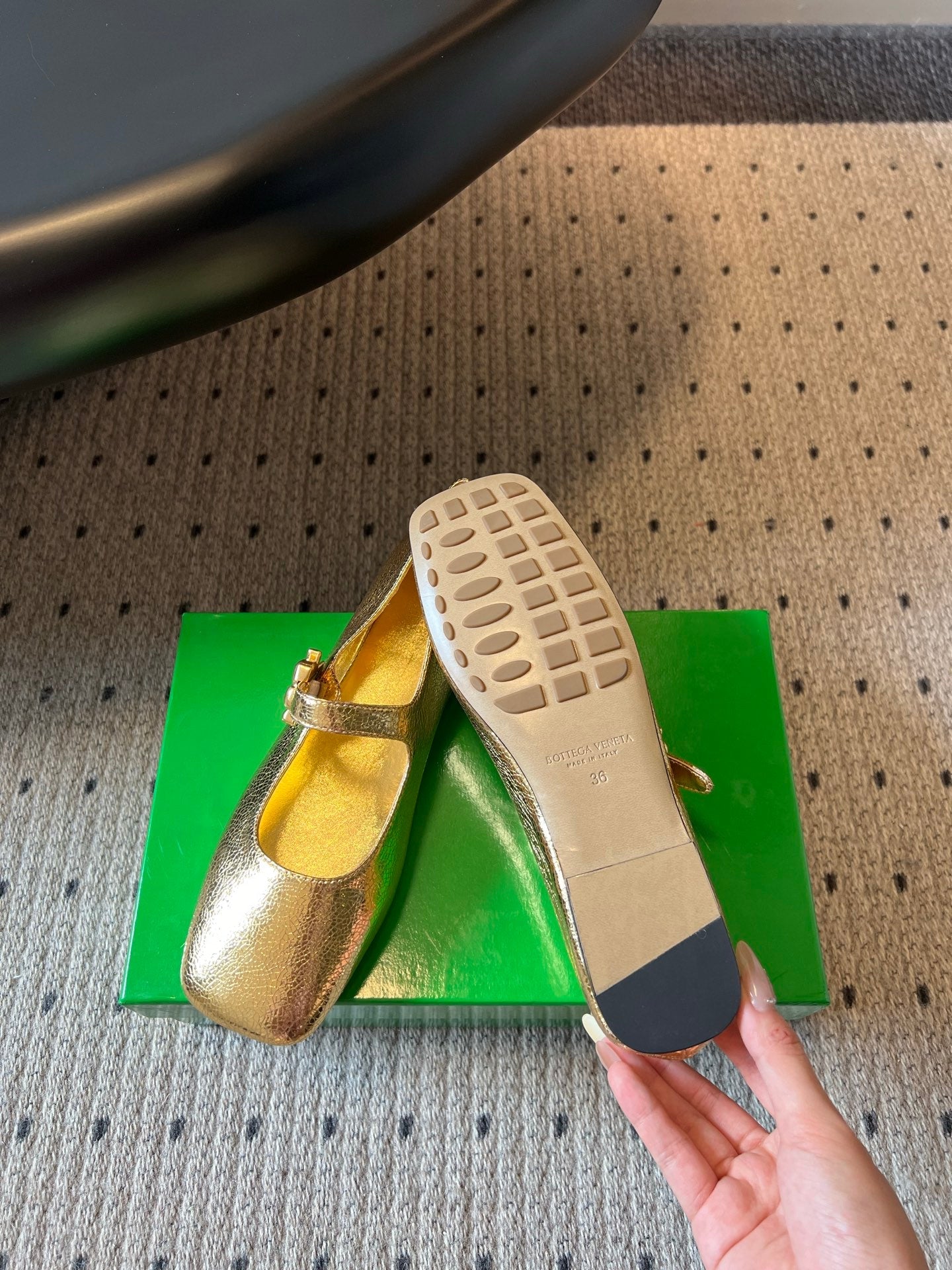BOTTEGA VENETA 26S MARY JANE FLATS IN GOLD LAMBSKIN WITH GOLD HARDWARE