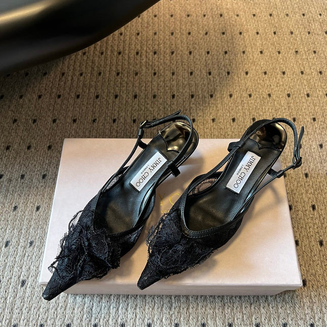 JIMMY CHOO 26S HEELED SLINGSBACKS 50 MM IN BLACK LACE AND CALFSKIN
