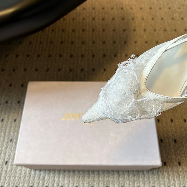 JIMMY CHOO 26S HEELED SLINGSBACKS 50 MM IN WHITE LACE AND CALFSKIN