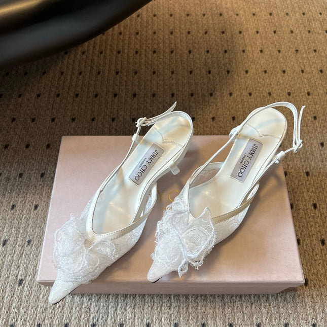 JIMMY CHOO 26S HEELED SLINGSBACKS 50 MM IN WHITE LACE AND CALFSKIN