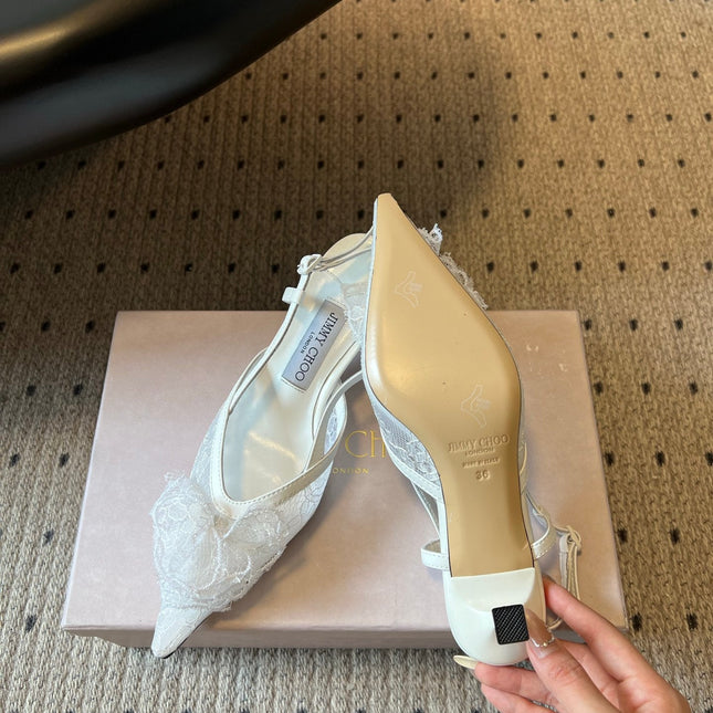 JIMMY CHOO 26S HEELED SLINGSBACKS 50 MM IN WHITE LACE AND CALFSKIN